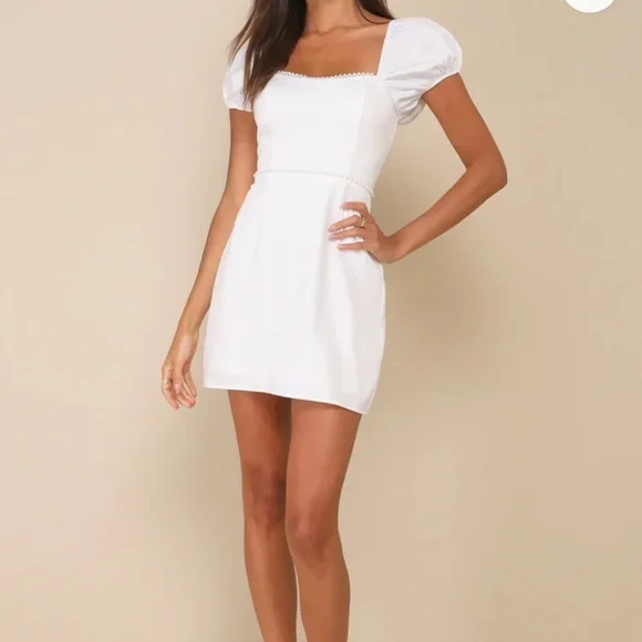 Lulu's White Asymmetrical Puff Sleeve Mini Dress - Picture 1 of 3